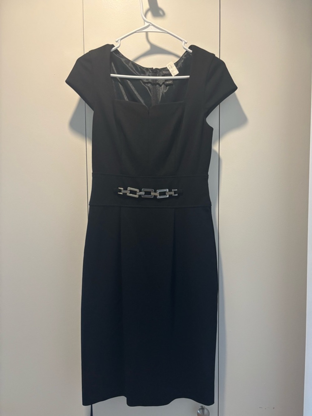 White House Black Market Black Midi Sheath Dress with Silver Chain Accent